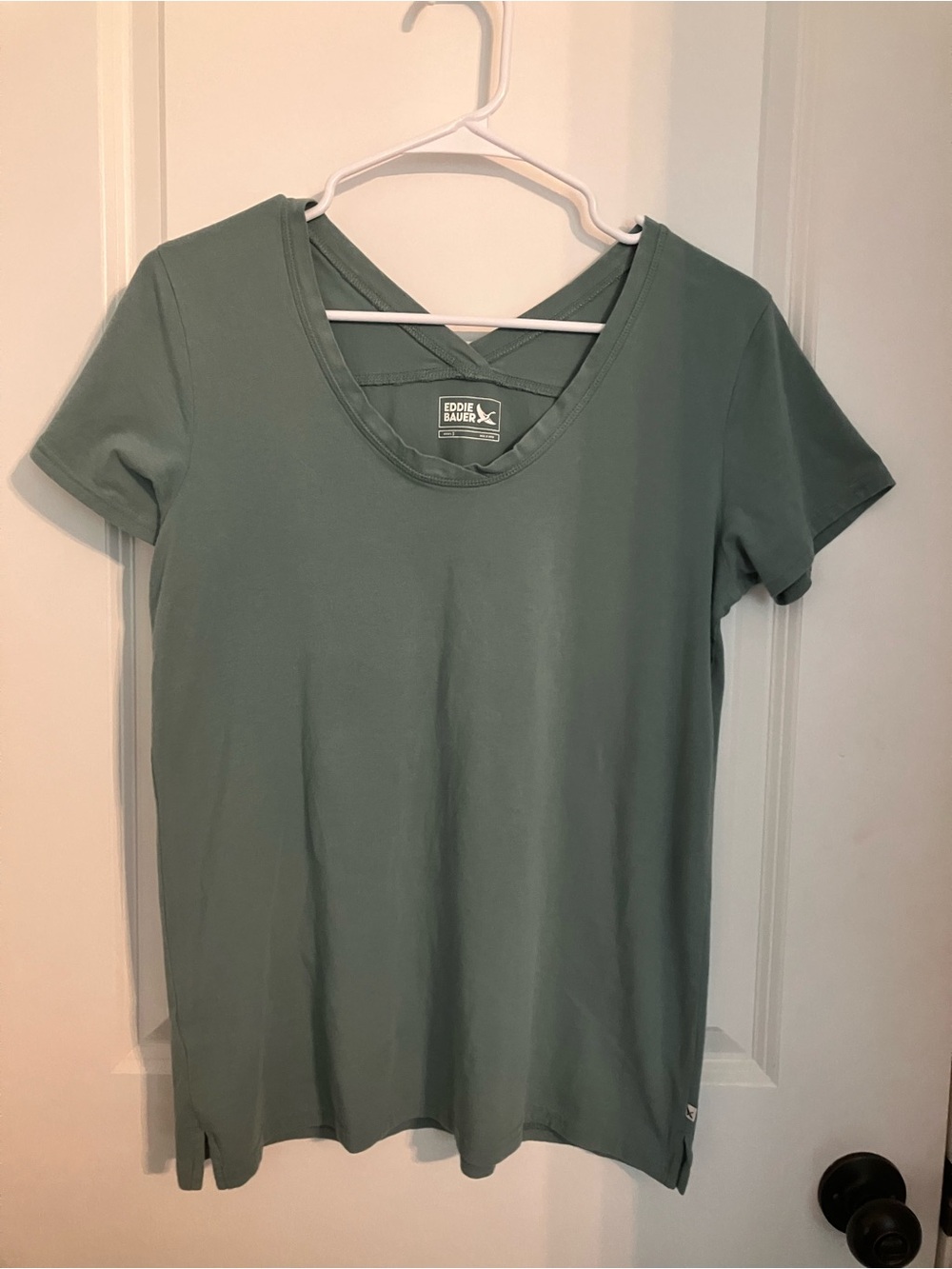 Eddie Bauer Sage Green Short Sleeve V-Neck Tee with Crisscross Back